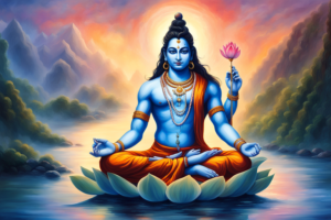 an ethereal image of lord shiva deep in meditation seated on a lotus surrounded by the sacred gang